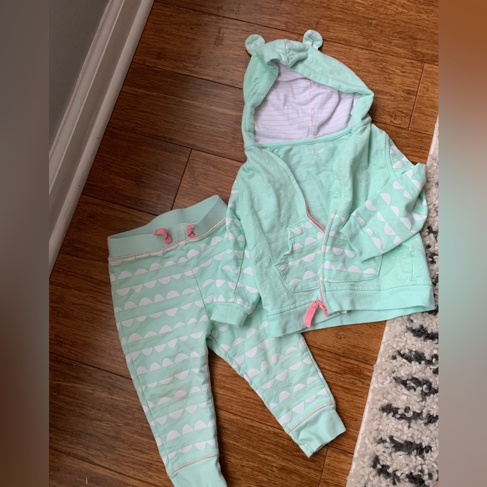 Cat & Jack teal baby girl outfit, white polka dot, pink stripes.